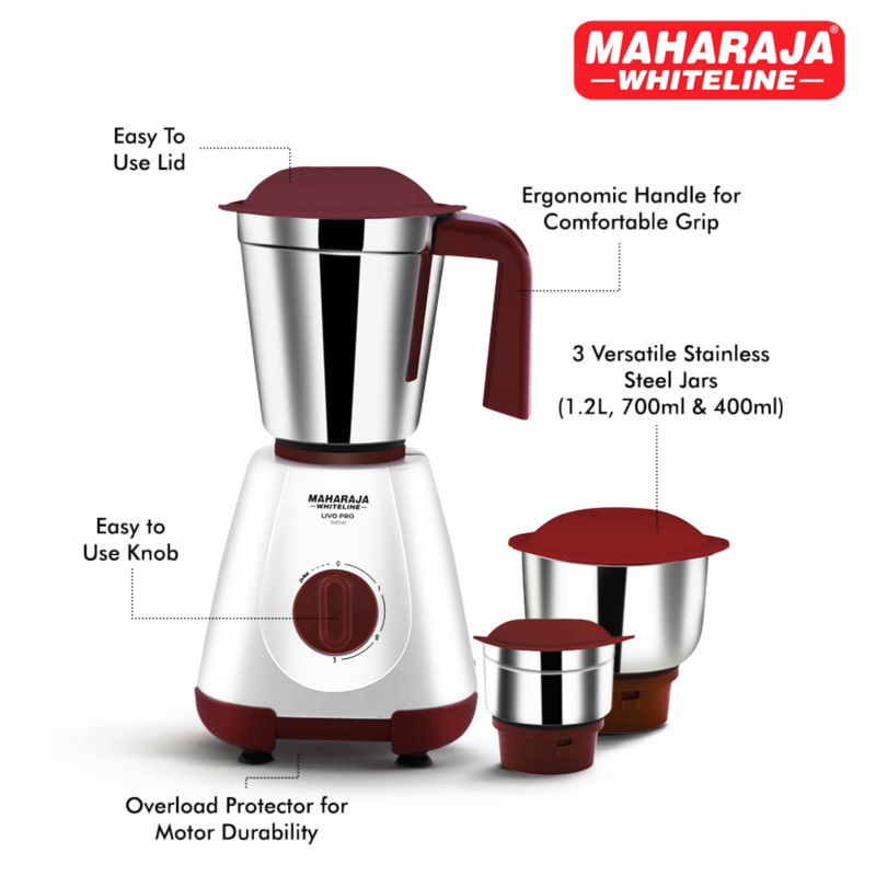 Maharaja-Whiteline-500W-Mixer-Grinder-with-3-SS-Jars